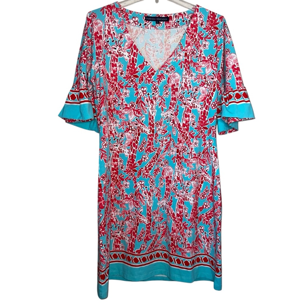 Barbara Erickson Giraffe Print Mini Dress Red Pink Turquoise Cotton Size Large